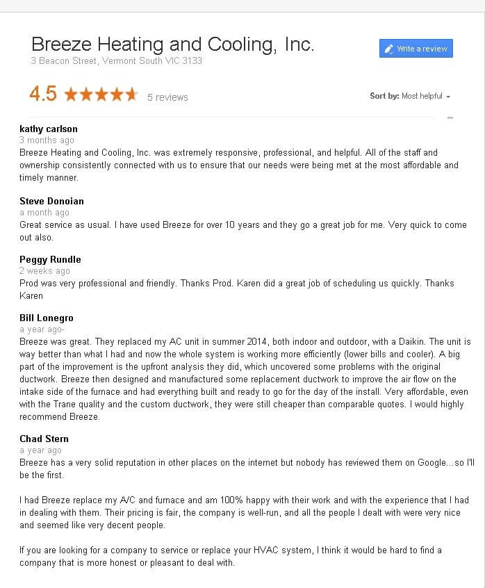 Customer Review - Breeze Heating and Cooling Solutions